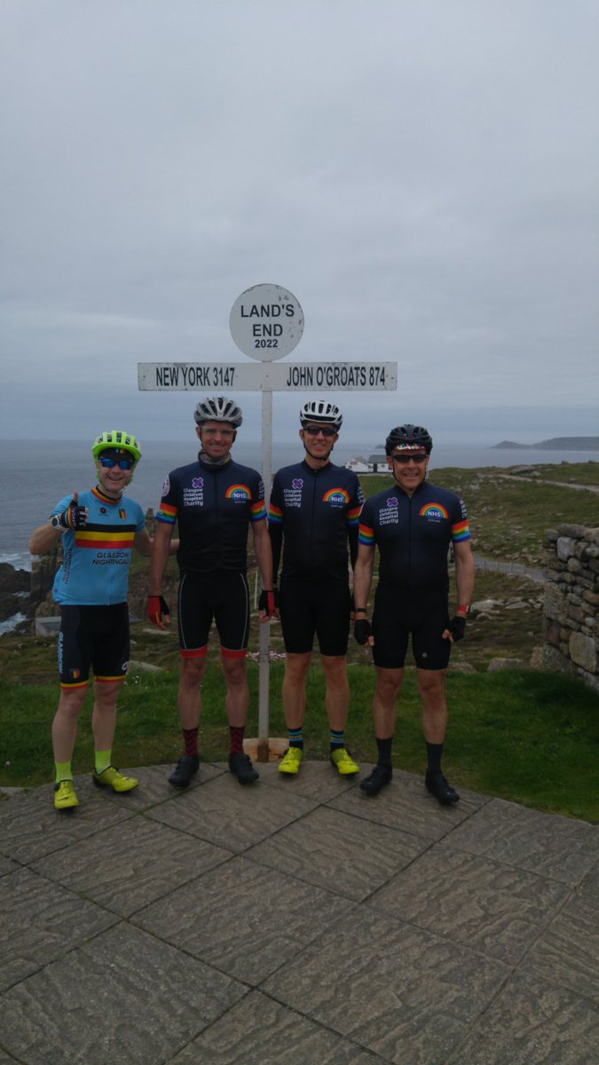 4manLEJOG's tweet photo. Day 1 - That's the first 100 miles done. Starting at Land's End with the obligatory signpost photo, this traverse of Cornwall and into Devon is probably our Queen's (hardest) stage with the constant hilly terrain. At least we were fresh for it. Great first day and all are well. https://t.co/4rJeCI4rTI