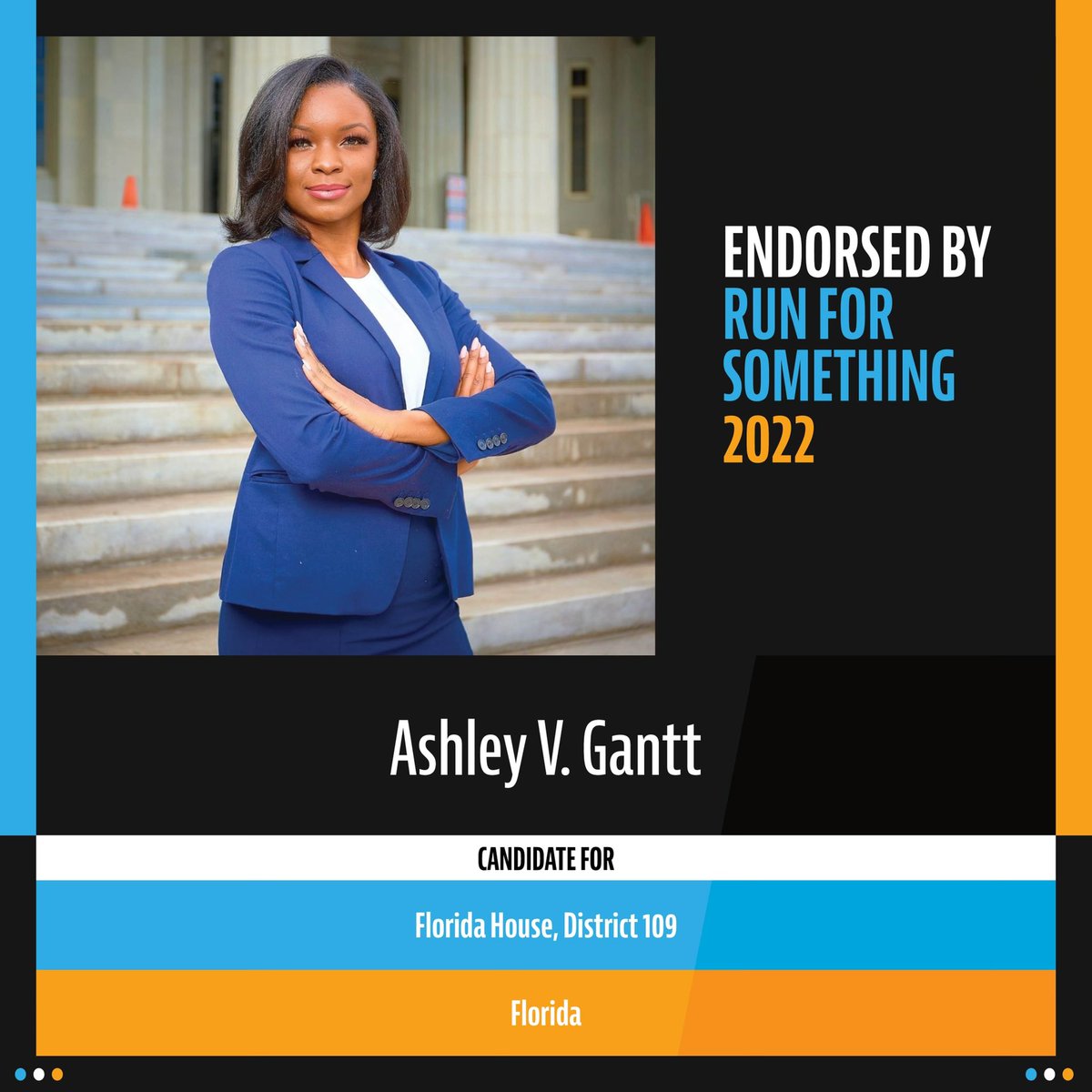 Gantt4Florida's tweet image. I am proud to receive the endorsement of @runforsomething (RFS), a groundbreaking organization that recruits and supports strong, young voices in the next generation of progressive leadership. 

#GanttforFL #RunForSomething #RFS #AGforHD109 #Miami #FLPol #AshleyGantt