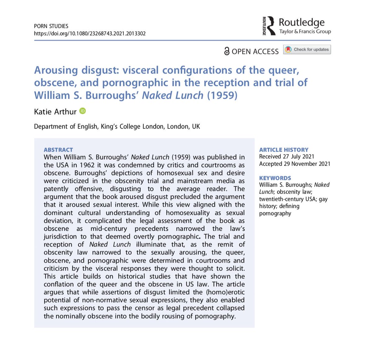 "Arousing disgust: visceral configurations of the queer, obscene, and pornographic in the reception and trial of William S. Burroughs’ Naked Lunch (1959)" by <a href="/ktlsrthr/">Katie</a>, open-access in <a href="/PornStudies/">PornStudies</a>!  

tandfonline.com/doi/full/10.10…