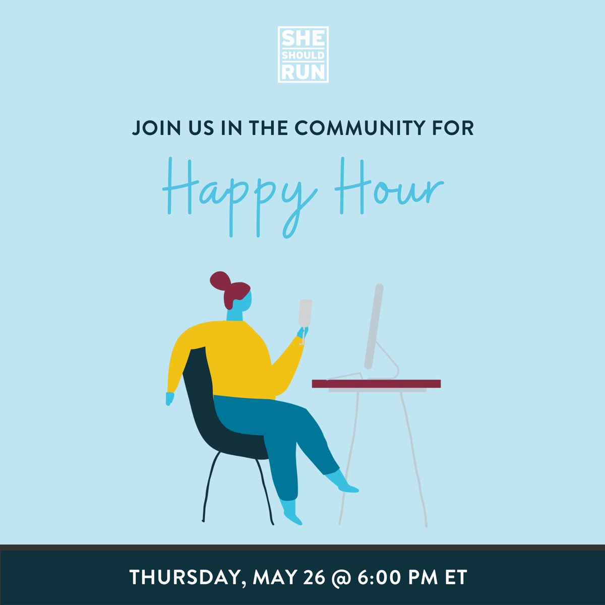 She Should Run is here for women who know they want something different but don’t know what do with their frustration and hopes — they don’t have to have the answer when they come to us. That’s the space we hold.

Join us for our next happy hour! 
➡️ bit.ly/3sYNQf9