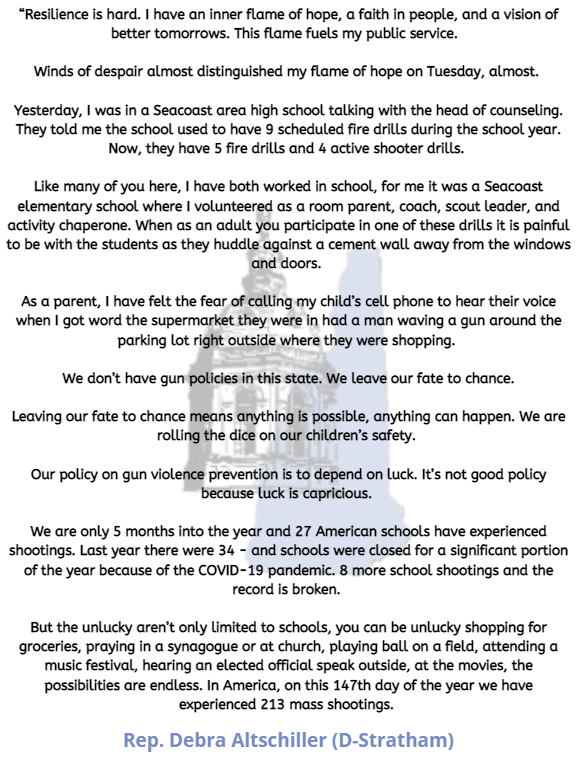NHHouseDems's tweet photo. "We have the power to protect lives. Let’s not leave our fate to chance. Let’s join together in love &amp; respect for to reduce the chance that innocents will be gunned down in senseless slaughter. We can reduce the chance of tragedy, but only if we act.” - @DebrasATeam #NHPolitics https://t.co/JO3HEQePxX
