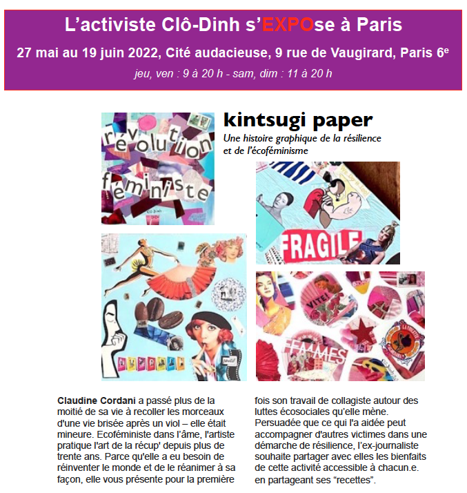 ClaudineCordani's tweet photo. [ART RESILIENCE] #KintsugiPaper est ma 1re #expo d'#art #collé comme piste de résilience pour accompagner les victimes de #viol et #VSS #écoféminisme Je récupère et utilise des matériaux #recyclés Pièces à découvrir jusqu'au 19 juin à Paris. Infos ⤵️ et sur @KintsugiPaper22 ✂️ https://t.co/olqZm5P4sZ