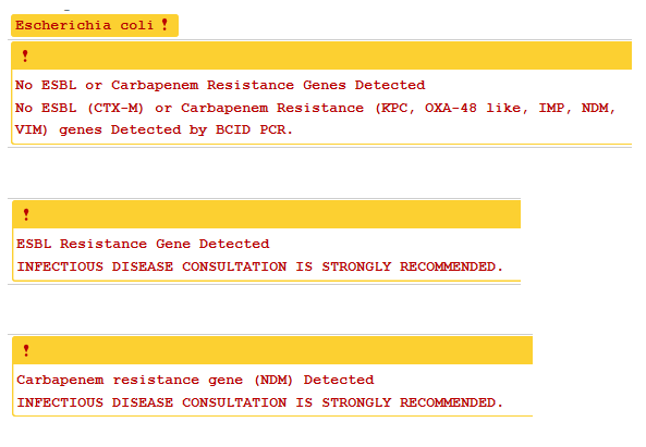 Dimple__Patel's tweet photo. @krutu8 @SIDPharm @accpinfdprn In our culture results, we try to simplify what we show, yet still provide helpful (I hope!) information.   Here are a few examples - if no resistance genes, we say what we tested for.  If something is positive, we only list this gene/interpretation https://t.co/0rcnae2NlS