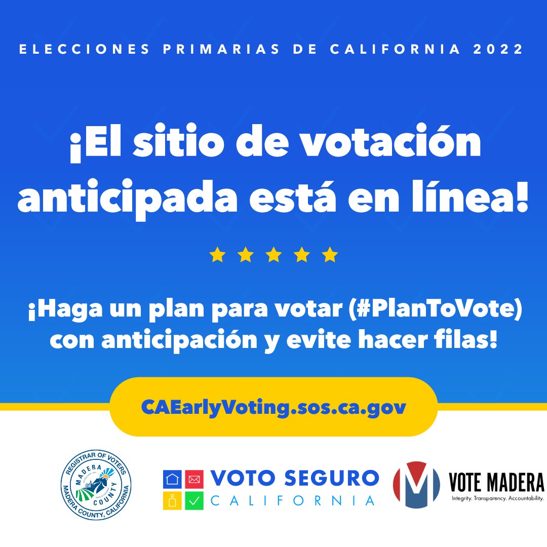 MaderaElections's tweet photo. What’s your #PlanToVote? 11 days until #June7th and our early voting site is live! Check it out and make a #PlanToVote early and avoid lines! https://t.co/oLUXZrgo5X or https://t.co/i54sngcQuI 

#VoteSafeCA
#VoteMadera https://t.co/JRWnMGnqs7