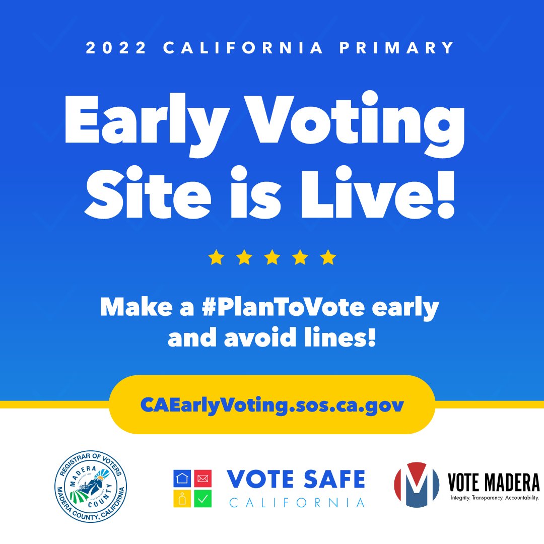 MaderaElections's tweet photo. What’s your #PlanToVote? 11 days until #June7th and our early voting site is live! Check it out and make a #PlanToVote early and avoid lines! https://t.co/oLUXZrgo5X or https://t.co/i54sngcQuI 

#VoteSafeCA
#VoteMadera https://t.co/JRWnMGnqs7