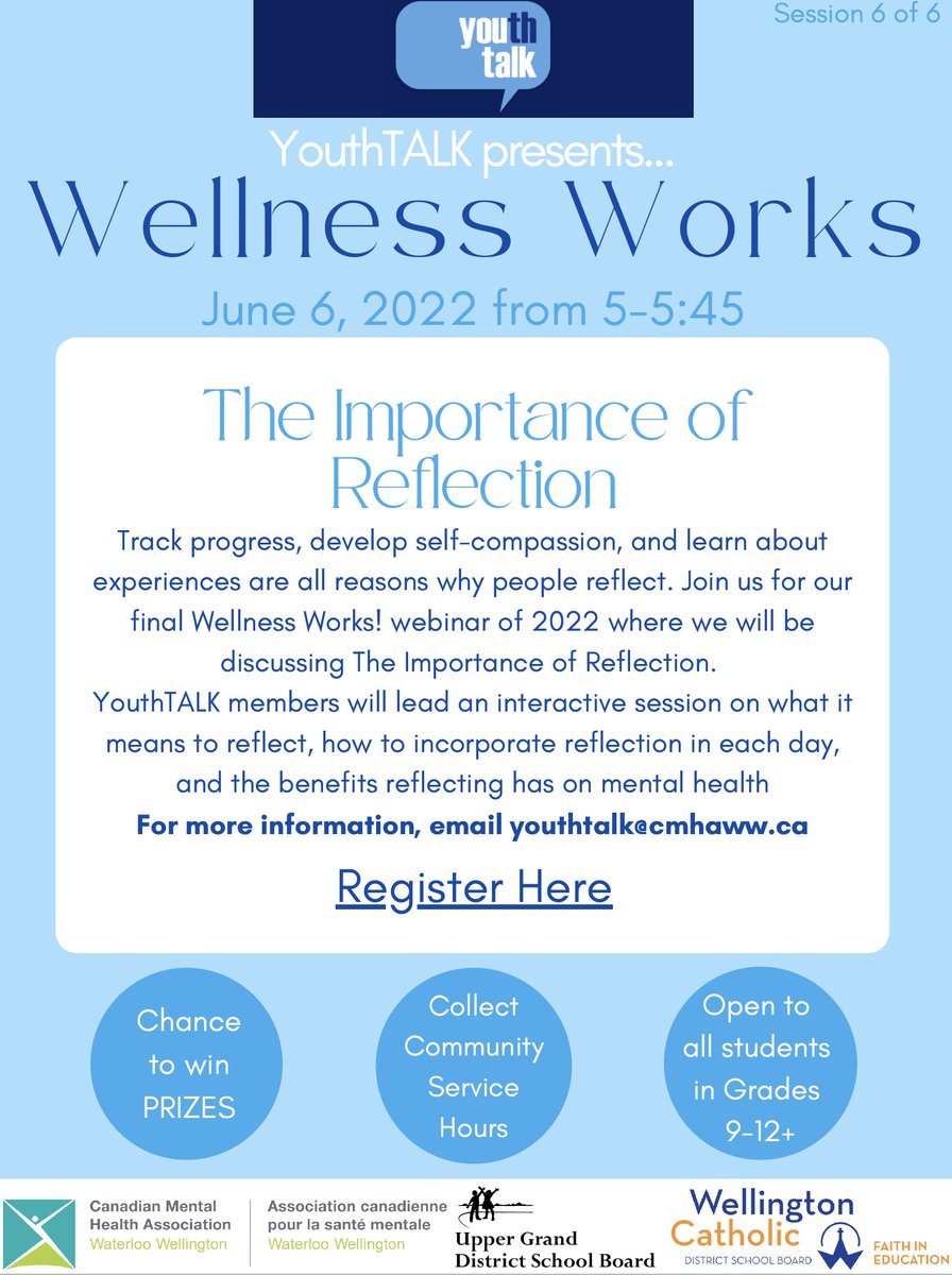 YouthTALK invites secondary students to attend a Wellness Works session on reflection ow.ly/qvKi50Jj0NH #MHUG <a href="/ugdsbstudents/">Vikasni & Emilie</a>