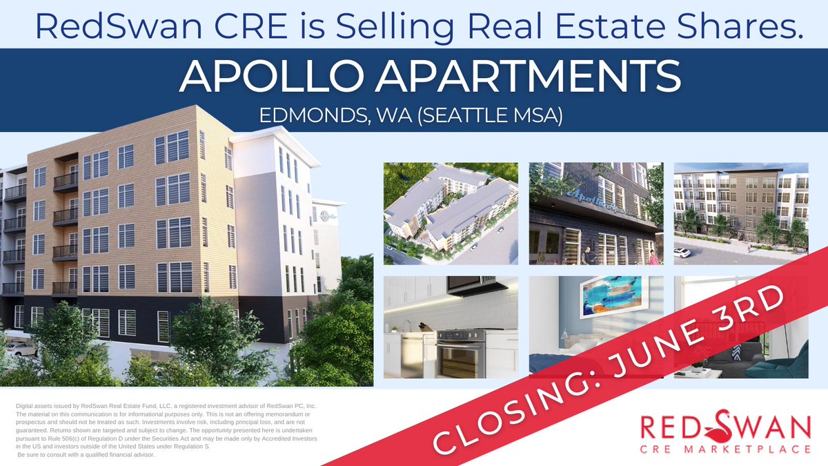 RedSwanDigital's tweet photo. We are closing in on the June 3rd end date for the Live Offering of the Apollo Apartments!
Don't miss out on owning quality #realestateshares of this project.
Learn more: https://t.co/osNws88JIX
#digitalassets #Redswancre #tokenizedrealestate #cre https://t.co/EoUIwR8i3L
