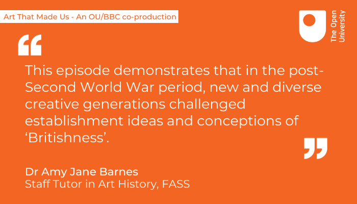 OpenUniversity's tweet photo. Tonight's final episode of Art That Made Us explores how the generation of artists who recorded the shocks of global war, gave way in the 1950s and 1960s to an explosion of new voices from across Britain.

Series academic consultant @AmyJaneBarnes:

https://t.co/T6Hd1y7VVo https://t.co/icuZEXbquw