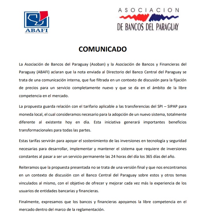 acostasamu's tweet photo. #COMUNICADO: #Asoban y #Abafi se ratifican en la necesidad de establecer un tarifario de comisiones por uso del sistema #SIPAP. Dicen que la implementación del 24/7 requerirá inversión en tecnología y seguridad. Aclaran que los montos sugeridos al #BCP todavía están borrador. https://t.co/tzhqoxCNyx