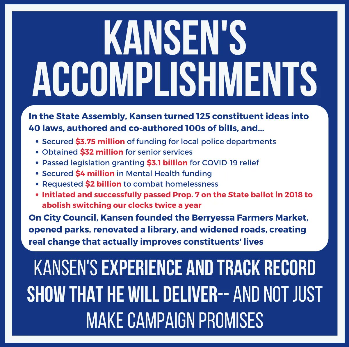 Kansen is the only candidate with the experience needed to actually pass legislature and create real change that tangibly improves the lives of the people of AD-24. He doesn't make lofty promises; he delivers.