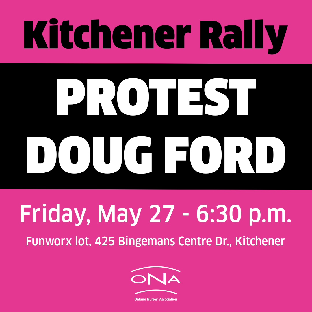 Since Doug Ford refuses to speak with nurses, let's bring the nurses to him!

All nurses, health-care professionals, friends, family and supporters are asked to join <a href="/OnaRegion4/">ONARegion4</a> and <a href="/OntarioHealthC/">OntarioHealthCoal'n</a> for a counter-protest of Doug Ford's rally in Kitchener this Friday. #NurseVote