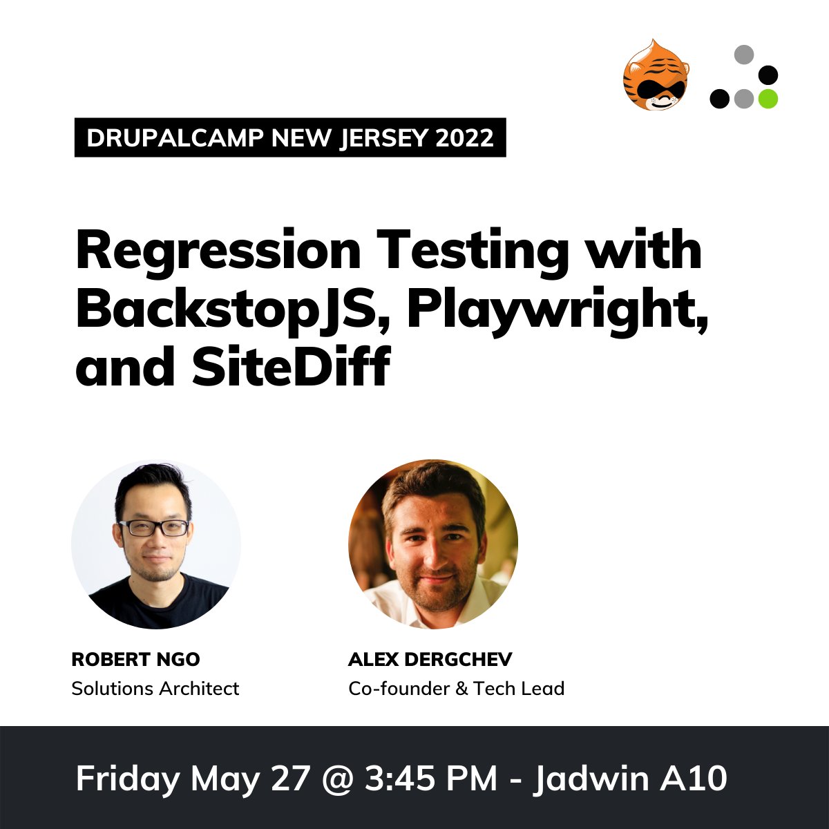 Evolving Web's <a href="/robertngo18/">Robert Ngo</a> and <a href="/dergachev/">Alex Dergachev</a> will be rounding out our sessions at <a href="/drupalcampnj/">DrupalCamp NJ</a>!

They'll be discussing regression testing and present some use cases for automating the process using tools such as SiteDiff and Playwright.

Tickets here ➡️ drupalcampnj.org/2022-camp-regi…
