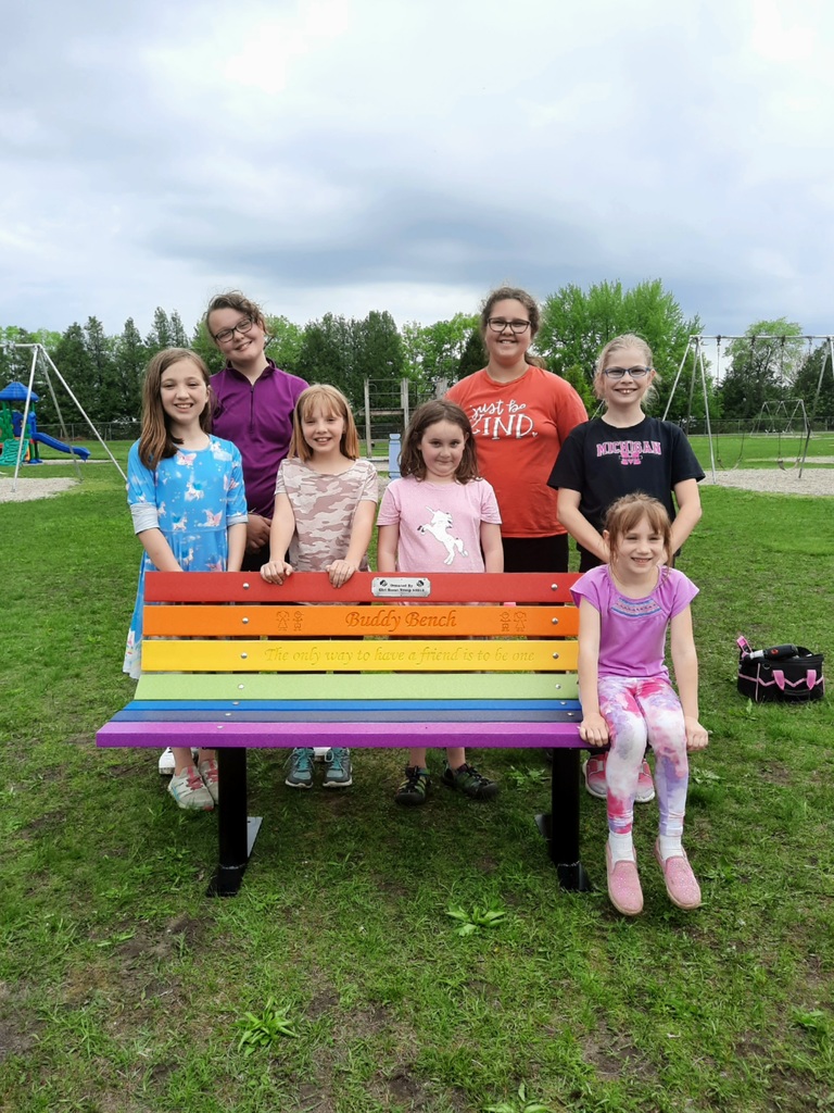 AGSschools's tweet photo. A big thanks goes out to our local Girl Scouts group who designed and built a "buddy bench" for the AGS playground to ensure that no one will be without a friend at school. Great job Girl Scouts! #WolverinesLead #NewTomorrow https://t.co/OiepbpFD6w