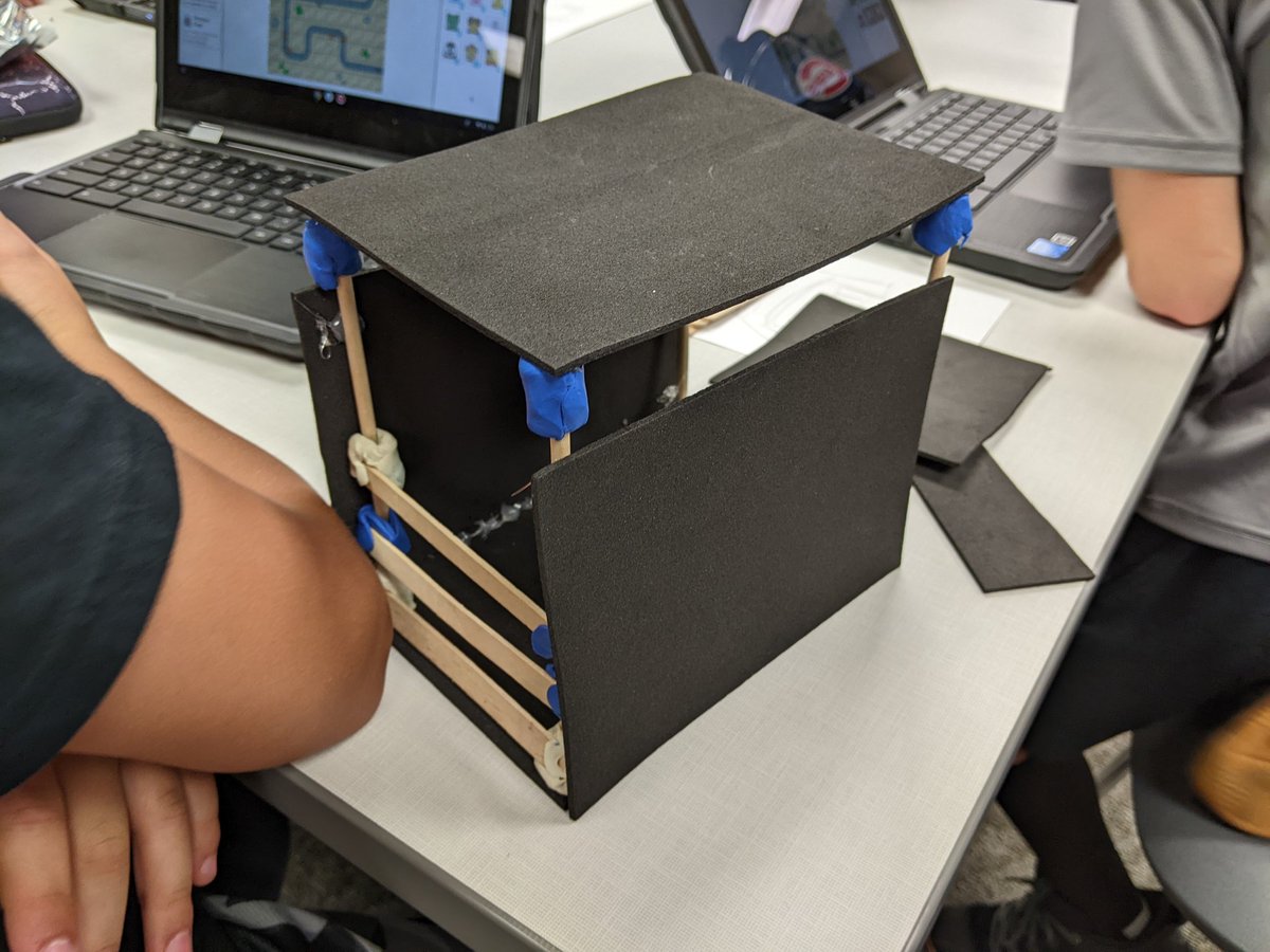 STEMmitchell's tweet photo. We wrapped up our first year of @PLTWorg today with 2nd graders testing to see if their structures help to block the sun to keep someone cool on a hot, sunny day. I was very impressed, and they all lowered the temperature drastically! @SCMSchools @SCMHums #SCMPLTW https://t.co/86nJxsdX7e