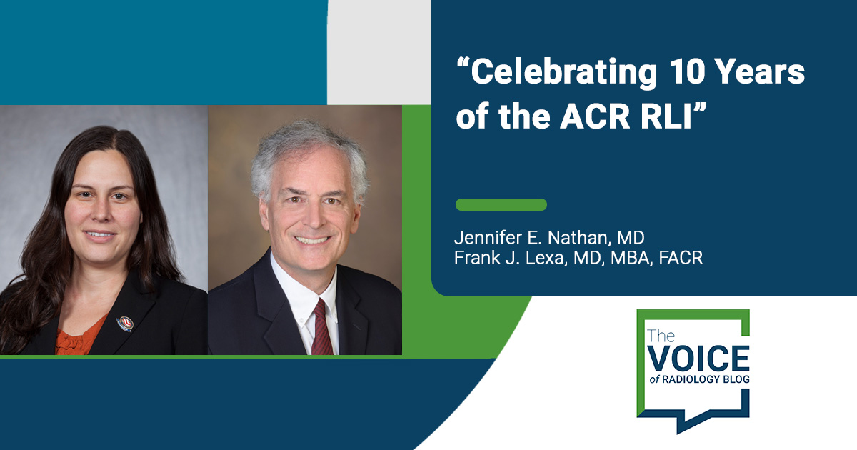 American College of Radiology (@radiologyacr) on Twitter photo 🎉 Join us in celebrating 10 years of #ACRRLI! 🎉
#RadLeaders <a href="/nathanje77_jen/">Jen Nathan MD, FACR</a> & <a href="/fjlexa/">Frank J. Lexa MD MBA FACR</a> reflect on a decade of high-impact leadership training in this #VoiceofRadiology blog 👉 bit.ly/38PeEHT 🎉 Join us in celebrating 10 years of #ACRRLI! 🎉
#RadLeaders <a href="/nathanje77_jen/">Jen Nathan MD, FACR</a> & <a href="/fjlexa/">Frank J. Lexa MD MBA FACR</a> reflect on a decade of high-impact leadership training in this #VoiceofRadiology blog 👉 bit.ly/38PeEHT