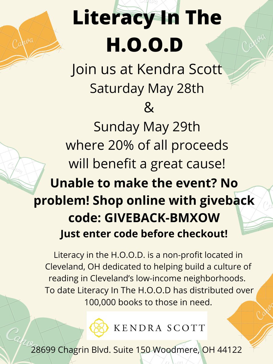 Can't make it Saturday?  You can still support!  Shop @KendaraScott online use giveback code:  GIVEBACK-BMXOW when you checkout &amp; 20% of the sale will go to #LiteracyInTheHOOD.

 #LiteracyInTheHood #BeAReadingRoleModel #RaisingReaders  #Nonprofit #Cleveland #Ohio #ReadFor15Mins