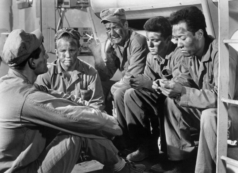 waybackattack's tweet photo. Question: which of these five dog-tag dudes were recording artists? Answer: all of them! #JodyMcCrea ("Chicken Surfer"), #GaryCrosby ("Sam's Song"), #JimBackus ("Delicious!"), #FrankieAvalon ("Venus"), #AkiAleong ("Trade Winds, Trade Winds"). From the 1963 film #OperationBikini. https://t.co/lmvQK85zzf