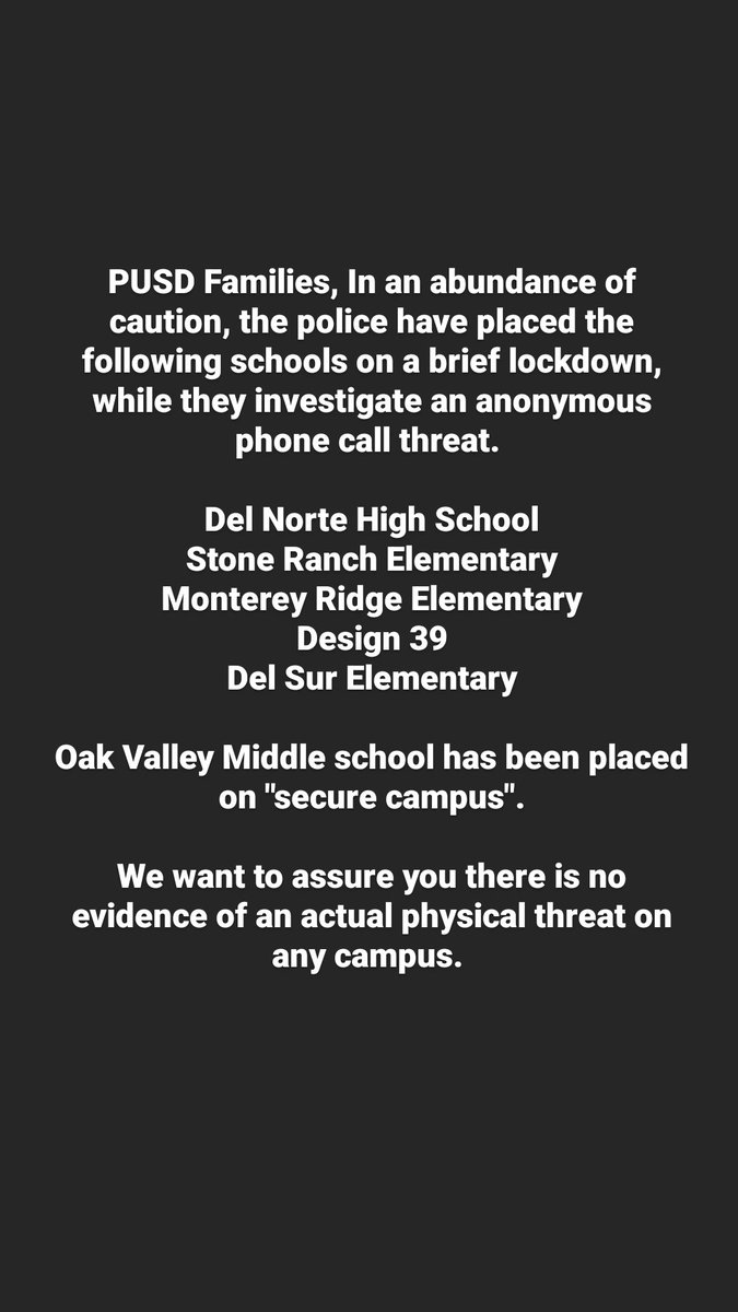 PowayUnified's tweet photo. Thank you for your patience while we work with law enforcement to get the all clear. Please do not come to campus to ensure law enforcement can complete their investigation without any hindrances. https://t.co/OQNWGmDIWL