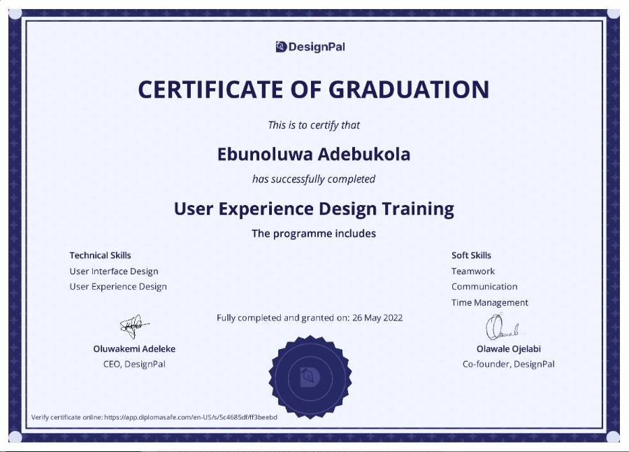 I just got my Certificate as a UX Designer from DesignPal ,
Thanks to the entire team of DesignPal for this privilege.
 I'm so grateful @SpontaneousKemi @design__pal