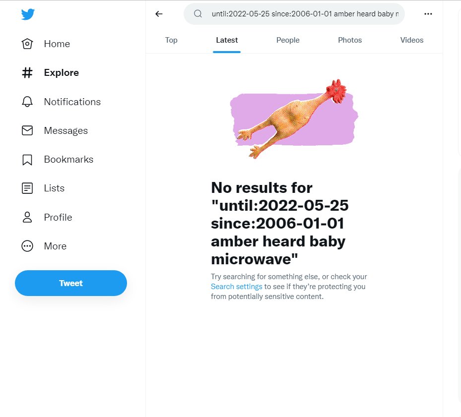 KaizerAllen's tweet photo. Amber Heard (@realamberheard) said that people on the Internet have been threatening to put her baby on the microwave, every single day.

Searched from Jan. 1, 2006 to May 25, 2022 and found nothing about "Amber Heard," "baby" and "microwave." No results.

https://t.co/4qu3Q5kW8q https://t.co/VWiSu3eILA