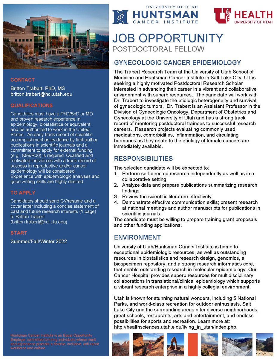 Awesome opportunity to lead/develop research related to female cancers, I’m hiring!! #gynonc #CancerResearch #epitwitter #ovariancancer #postdoc #fellowship Flexible start, I’ll be at #SER2022 if you want to meet IRL