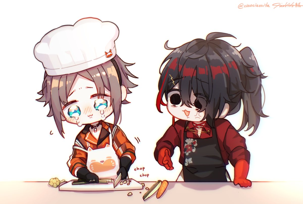 2boys multiple boys red hair male focus chibi chef hat black hair  illustration images