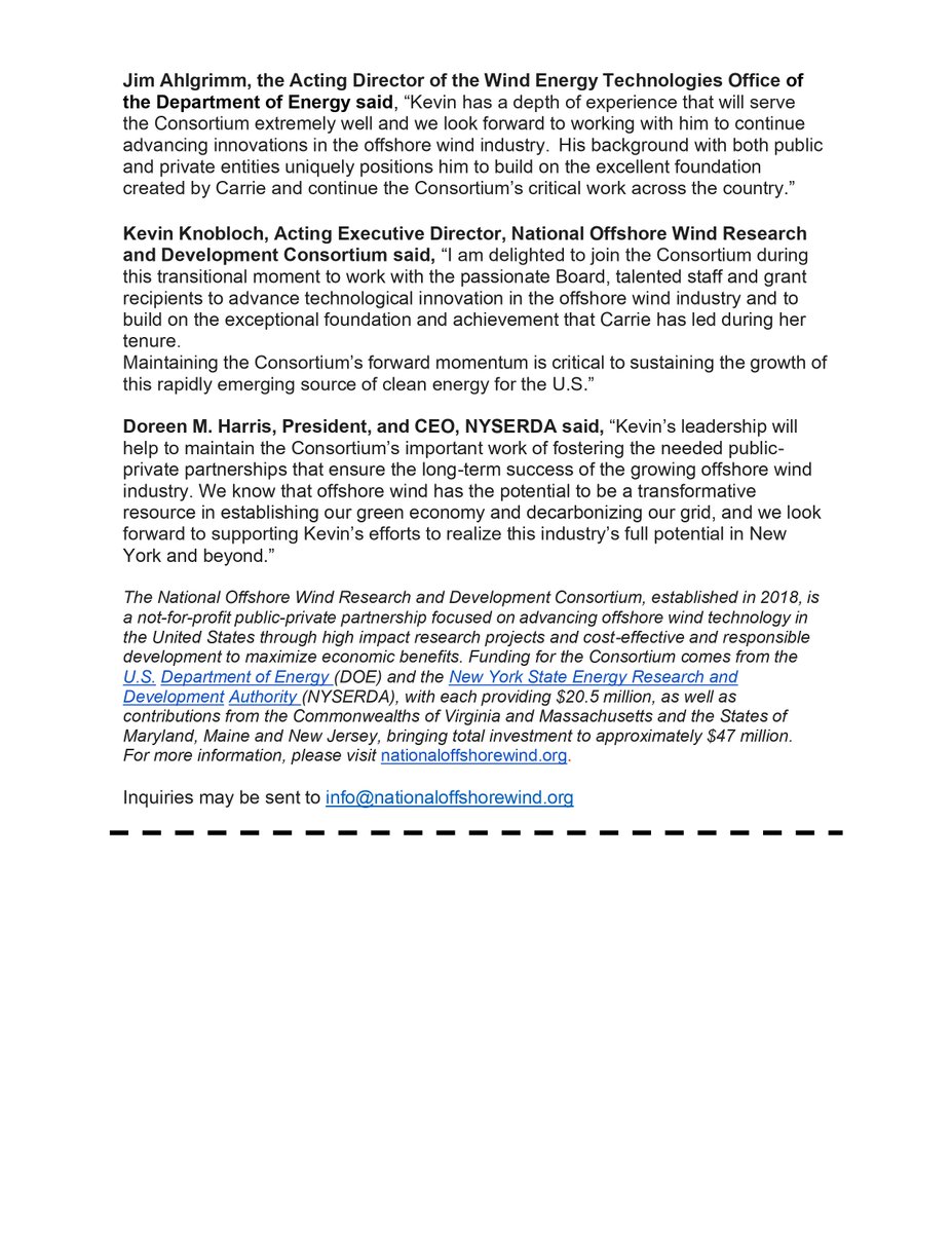 National Offshore Wind R&D Consortium (@nowrdc) on Twitter photo The National Offshore Wind Research & Development Consortium today announced Kevin Knobloch as Acting Executive Director while a national search is conducted for a permanent Executive Director.
🔗Full press release below
#offshorewind <a href="/NYSERDA/">NYS Energy Research and Development Authority</a> <a href="/ENERGY/">U.S. Department of Energy</a> The National Offshore Wind Research & Development Consortium today announced Kevin Knobloch as Acting Executive Director while a national search is conducted for a permanent Executive Director.
🔗Full press release below
#offshorewind <a href="/NYSERDA/">NYS Energy Research and Development Authority</a> <a href="/ENERGY/">U.S. Department of Energy</a>