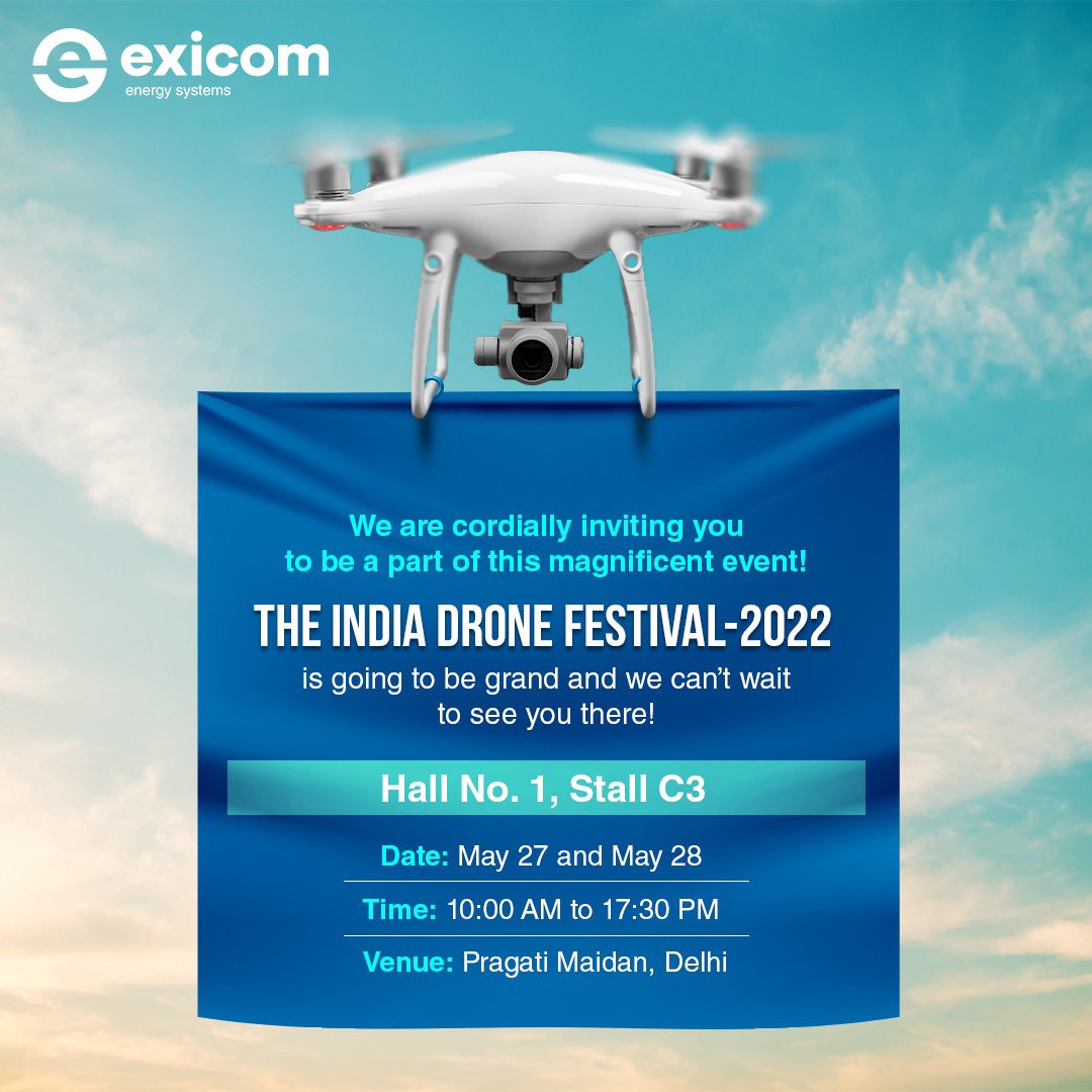 ExicomEnergy's tweet photo. We are thrilled to announce that Exicom is all SET to Participate in the World's Largest #Drone Festival as the only Battery Manufacturing Co. You’re cordially invited to be a part of this magnificent event! Thanks to #DroneFederationofIndia! https://t.co/fipCtWLsqm