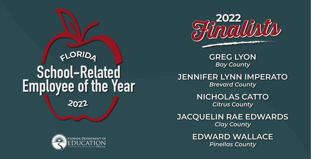 Congratulations 2022 Florida School-Related Employee of the Year FINALISTS! 

<a href="/BayDistSchools/">Bay District Schools</a>
<a href="/BrevardSchools/">Brevard Schools</a>
@citrusschools 
<a href="/oneclayschools/">Clay County District Schools</a>
<a href="/my_pcs/">Pinellas County Schools</a>