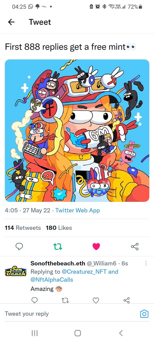 _William6's tweet photo. @Creaturez_NFT @NftAlphaCaIls I made it! https://t.co/8YcRECXATZ
