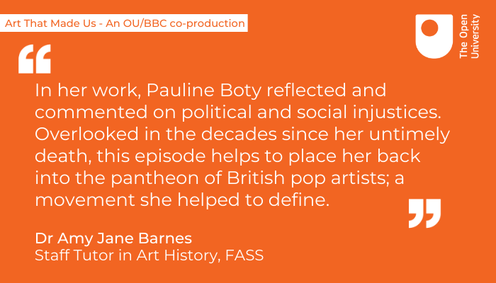 OpenUniversity's tweet photo. You'll see Chila Kumari Singh Burman explore the career of artist and founder of the British Pop art movement Pauline Boty in tonight's 'Art That Made Us'.

@AmyJaneBarnes explains Boty's importance to British art:

https://t.co/T6Hd1y7VVo

@DrGemmaAllen @OU_FASS https://t.co/UZkQvkjLLG