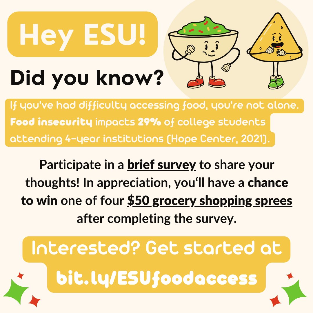 chornets's tweet photo. Hey Hornets — we want to hear from you! Share how you access food while at @emporiastate by participating in a brief survey. https://t.co/kH7dPmd12g 

You will have a chance to win one of four $50 grocery shopping sprees if you complete it by 11:59 p.m. on June 20. https://t.co/7YejaCIJAr