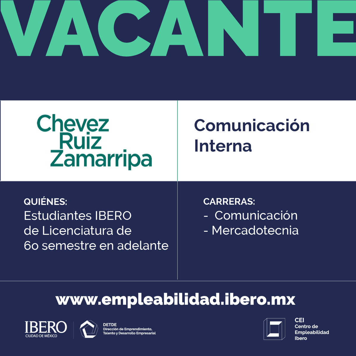 ¿Estudias Comunicación y/o Mercadotecnia?
Postúlate y conoce los detalles en: empleabilidad.ibero.mx
<a href="/IberoCopsa/">CopsaIbero</a> <a href="/IBERO_mx/">IBERO CDMX</a> <a href="/IberoCEAN/">Emprendimiento y Aceleración de Negocios IBERO</a>