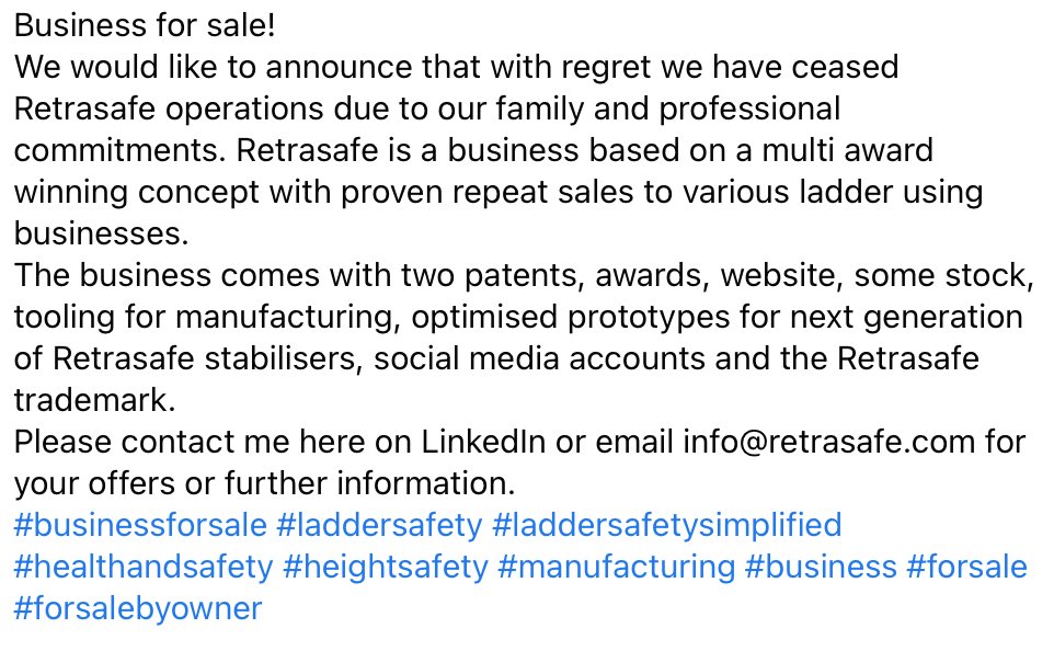 Business for sale!
Awaiting for a new owner to take this business to new heights.
#businessforsale #laddersafety #laddersafetysimplified #healthandsafety #heightsafety #manufacturing #business #forsale #forsalebyowner