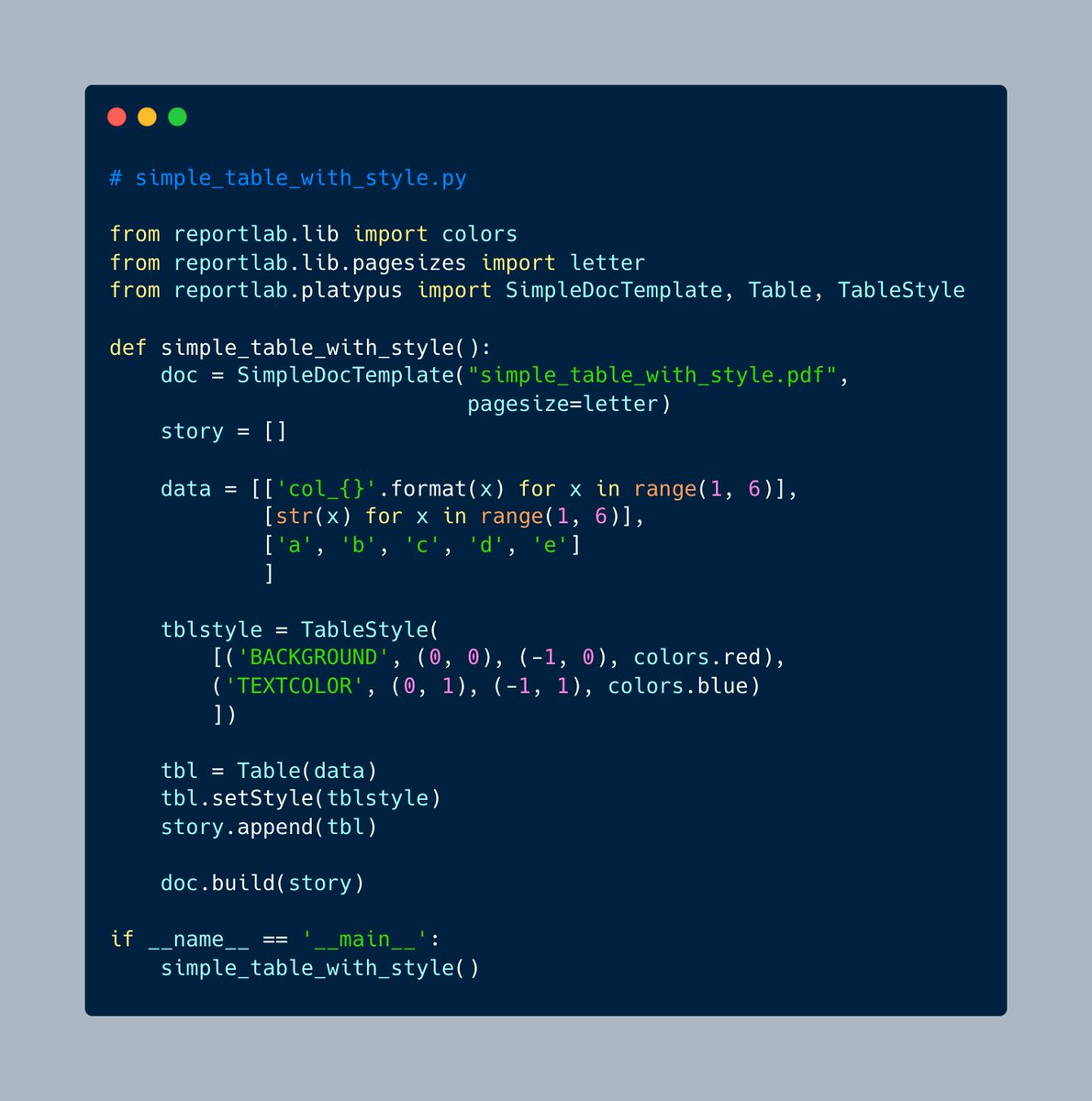 driscollis's tweet image. Here&apos;s another example of creating a table in a PDF with #Python and #ReportLab

In this example, you add a little more flare 🔥 to your table!

Still no inner grid, but it shows how to add a background color to a row and change text color