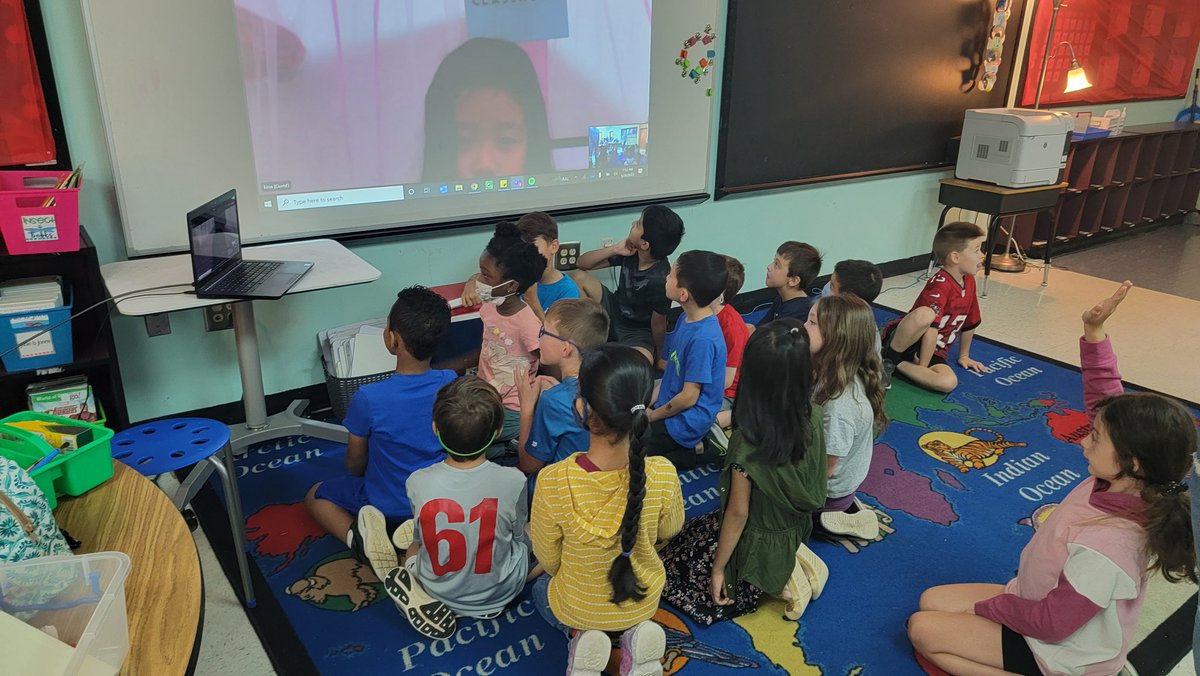 Anderson3rdPES's tweet photo. One of our classmates moved to Japan earlier this semester.  We were able to do a video call with our sweet classmate. This including accounting for the 13 hour time difference.  What a great last day of school treat!  #andersonfirsties @CogburnWoodsES https://t.co/u3VaHsXkgu