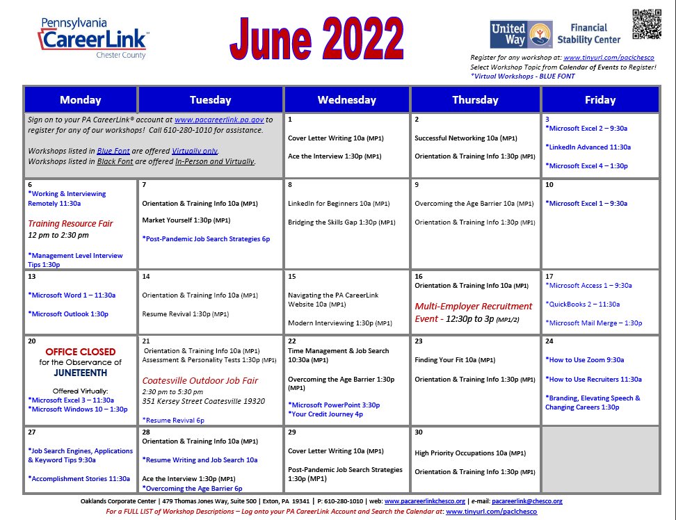 Our June Calendar is out so you can see all the workshops and events we have planned.  If you are interested in attending anything, please register at tinyurl.com/paclchesco.  
Any questions please call 610-280-1010.