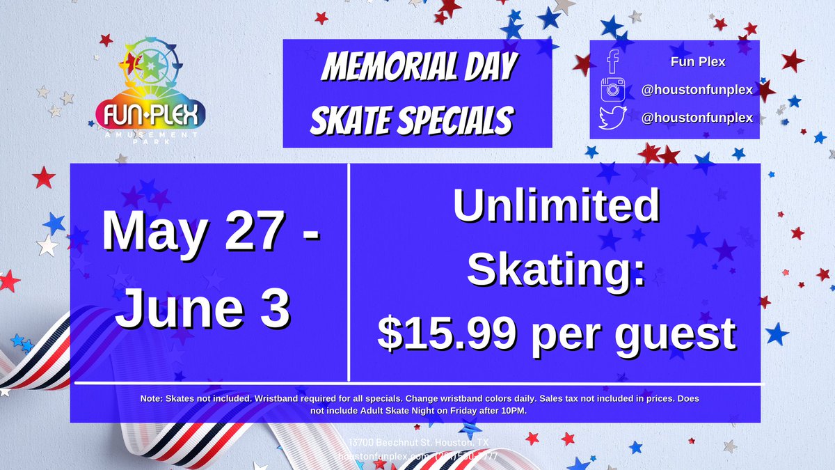 houstonfunplex's tweet photo. Memorial Day is almost here and we have specials for you starting tomorrow, May 27 - June 3! Spend your weekend with rides, arcades, roller skating, bowling, go-karts and so much more! Hope to see you there!

#houstonfunplex #memorialday #houstonmemorialday #memorialdayevents https://t.co/3Na245xfXN