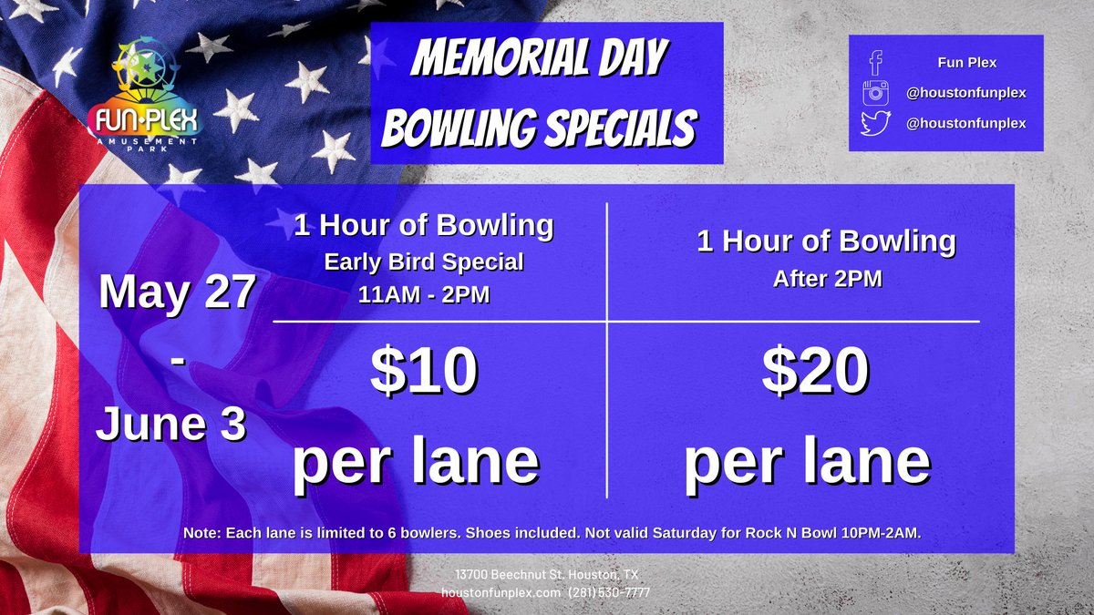 houstonfunplex's tweet photo. Memorial Day is almost here and we have specials for you starting tomorrow, May 27 - June 3! Spend your weekend with rides, arcades, roller skating, bowling, go-karts and so much more! Hope to see you there!

#houstonfunplex #memorialday #houstonmemorialday #memorialdayevents https://t.co/3Na245xfXN