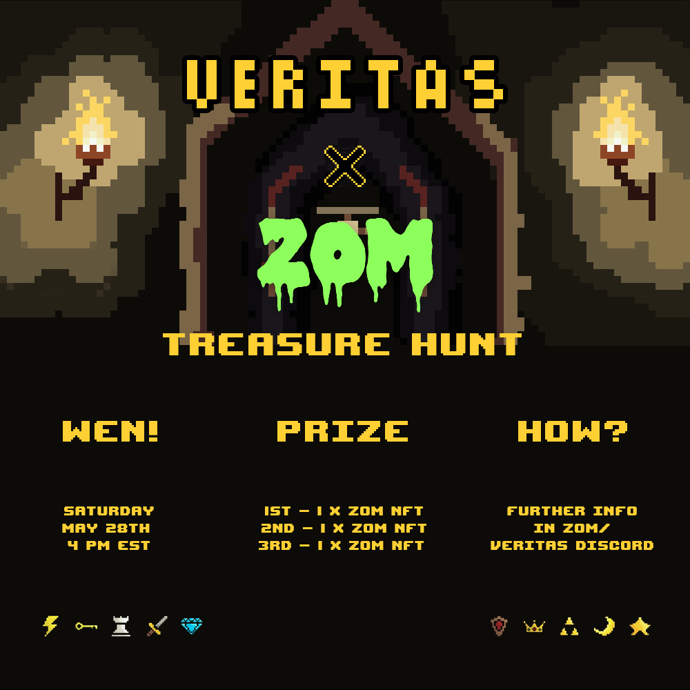 🎉 ZOM TREASURE HUNT 🎉

We've partnered with @ZomNFT for our next treasure hunt!

Details are in the attachment below. Good luck hunters!

Make sure to follow <a href="/VeritasTheHunt/">Veritas</a> &amp; @ZomNFT, RT this tweet, and tag friends!