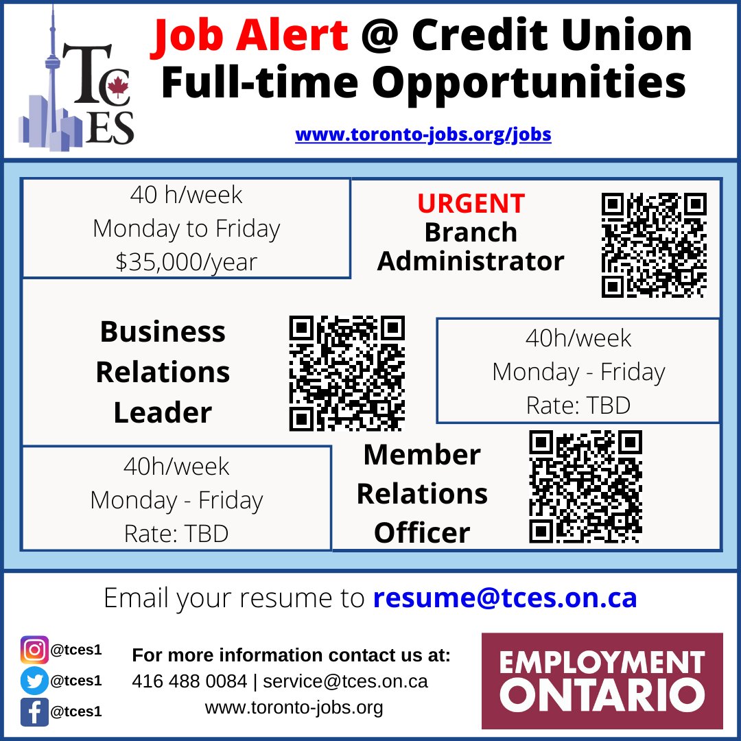 TCES1's tweet image. #CreditUnion in #Toronto is #Hiring for multiple positions!

#tces #torontojobs #employment #torontoemployment #yongeandeglinton #findjobs #employmentontario #midtowntoronto #northyork #torontojobsearch #jobsearch #scarboroughjobs #markhamjobs #fulltimejob