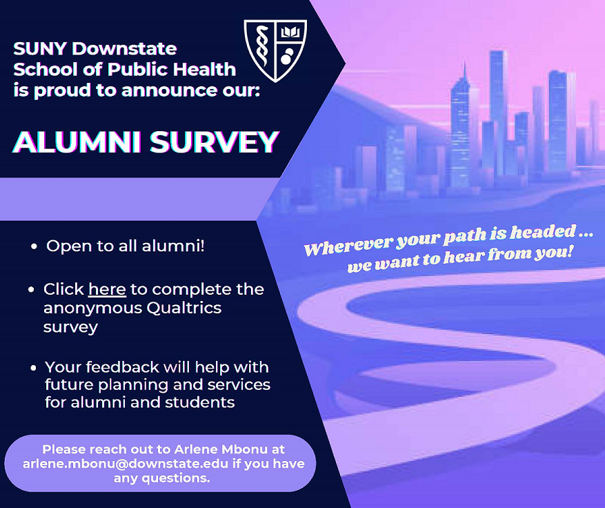 DownstateSPH's tweet photo. Calling all #SUNYDownstate #PublicHealthAlumni to participate in the #SchoolofPublicHealth #AlumniSurvey.
CLICK the LINK BELOW to participate
https://t.co/GioZ5KxXSe
#downstatesph #publichealth #alumnifeedback #alumniservices #SUNYDownstateAlumni https://t.co/y4C5jCDvru