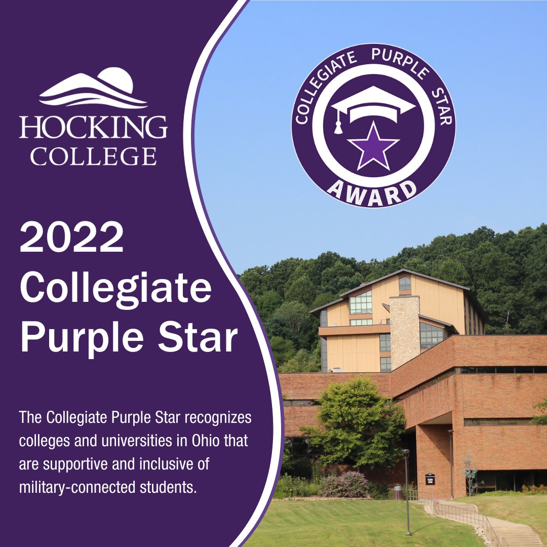 HockingCollege's tweet photo. We are proud to announce that Hocking College has been selected as one of the first Collegiate Purple Star recipients in Ohio! ⭐ This award recognizes colleges and universities in Ohio that are supportive and inclusive of military-connected students. https://t.co/QR8akcD6ny
