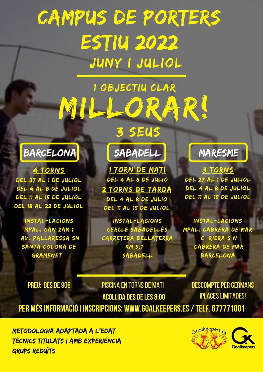 Se acerca nuestro campus de Verano 2022.
3 sedes disponibles.
Diferentes horarios.
Pero siempre con la misma profesionalidad y entrenadores de 1r nivel.
Y con este van 14 veranos seguidos. Algo estaremos haciendo bien.
¿Te lo vas a perder?
goalkeepers.es/campus-goalkee…