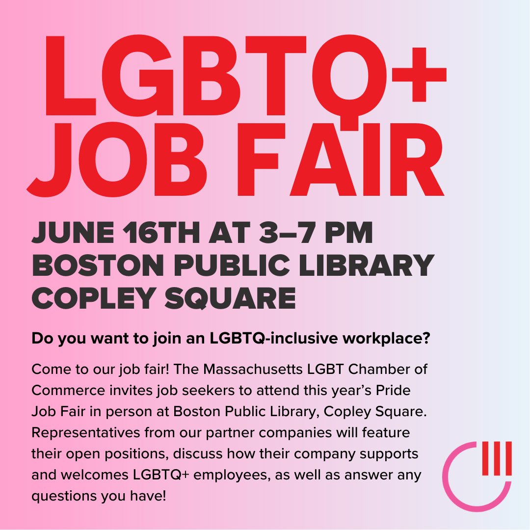 MALGBTCC's tweet photo. Do you want to join an #LGBTQ-inclusive workplace? Join the Massachusetts LGBT Chamber of Commerce for our Pride 2022 LGBTQ+ Job Fair! 

June 16th at 3:00-7:00 PM at the Boston Public Library, Copley Square 🏳️‍🌈

Learn more: https://t.co/rvPjeKjn3l https://t.co/kPdCgbhivR