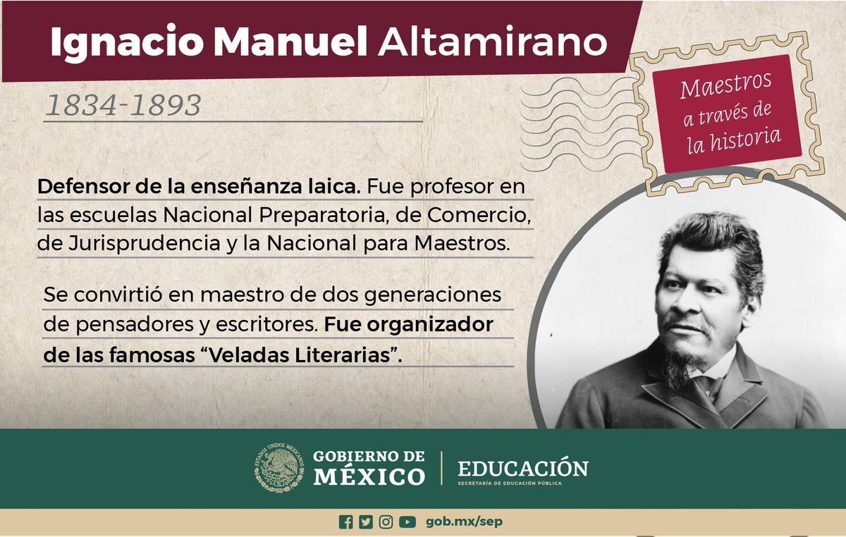 #MayoConM de #MaestrosExtraordinarios

Además de escribir reconocidas novelas como “El Zarco”,  Ignacio Manuel Altamirano fue un impulsor de la formación magisterial y realizó atribuciones esenciales a la #educación y cultura.