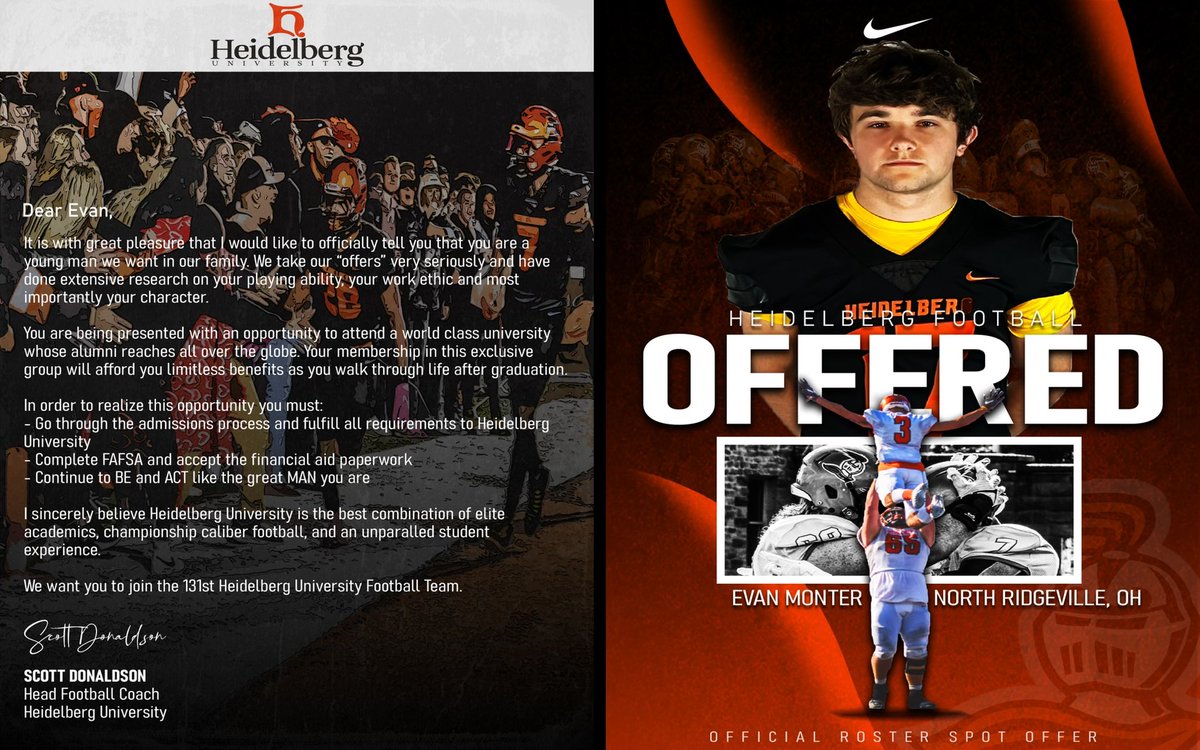 After a great visit I am proud to announce that I have received my second D3 offer! Thank you <a href="/Coach_Donaldson/">Scott Donaldson</a> <a href="/CoachJakubcin/">Branden Jakubcin</a> <a href="/BergFootball/">Heidelberg Football</a> <a href="/NRRangerFootba1/">NR_Ranger_Football</a>