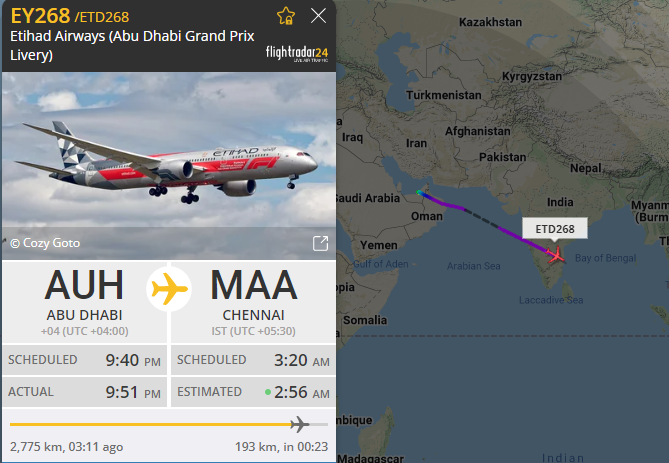 ChennaiFlights's tweet photo. Etihad Airways is putting on stunning displays at #Chennai airport. Today is the turn for B789 in Abu Dhabi Grand Prix 2022 Livery registered as #A6BLV.
The #FormulaOne (F1) race will take place on Yas Island on east coast of #AbuDhabi in November this year.
#Aviation #MAA #AUH https://t.co/yVBmWT3lJv