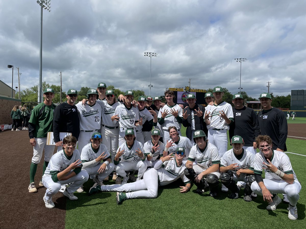 Southwest defeats DeSoto 10-0 in 5 innings. Christensen with 57 pitch CG striking out 7, allowing 2 BB’s, 1 HBP,  and 1 single. Offense was 26/30 in quality at-bats. Sardelli led the way with 6 RBI’s. Next game tomorrow at 11 vs Aquinas in State Semis.