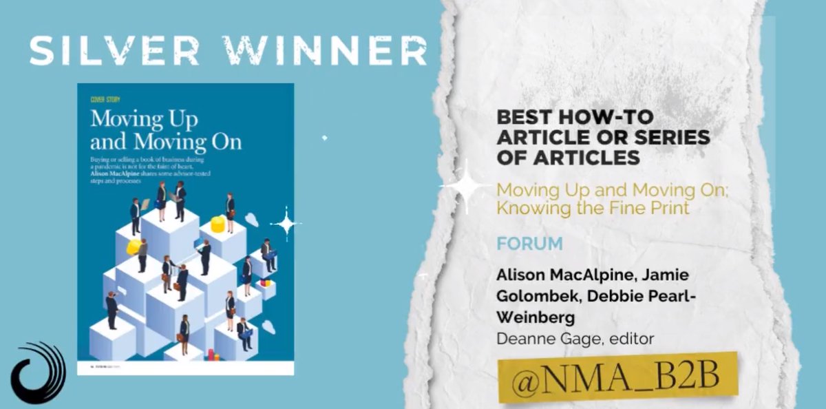 Advocis's tweet photo. "Moving Up and Moving On; Knowing the Fine Print" by @alisonmacalpine, @jamiegolombek and Debbie Pearl-Weinberg was the silver winner in the #NMAB2B22 βBest How-to Article or Series of Articlesβ category. https://t.co/GJmcvwgUbG
